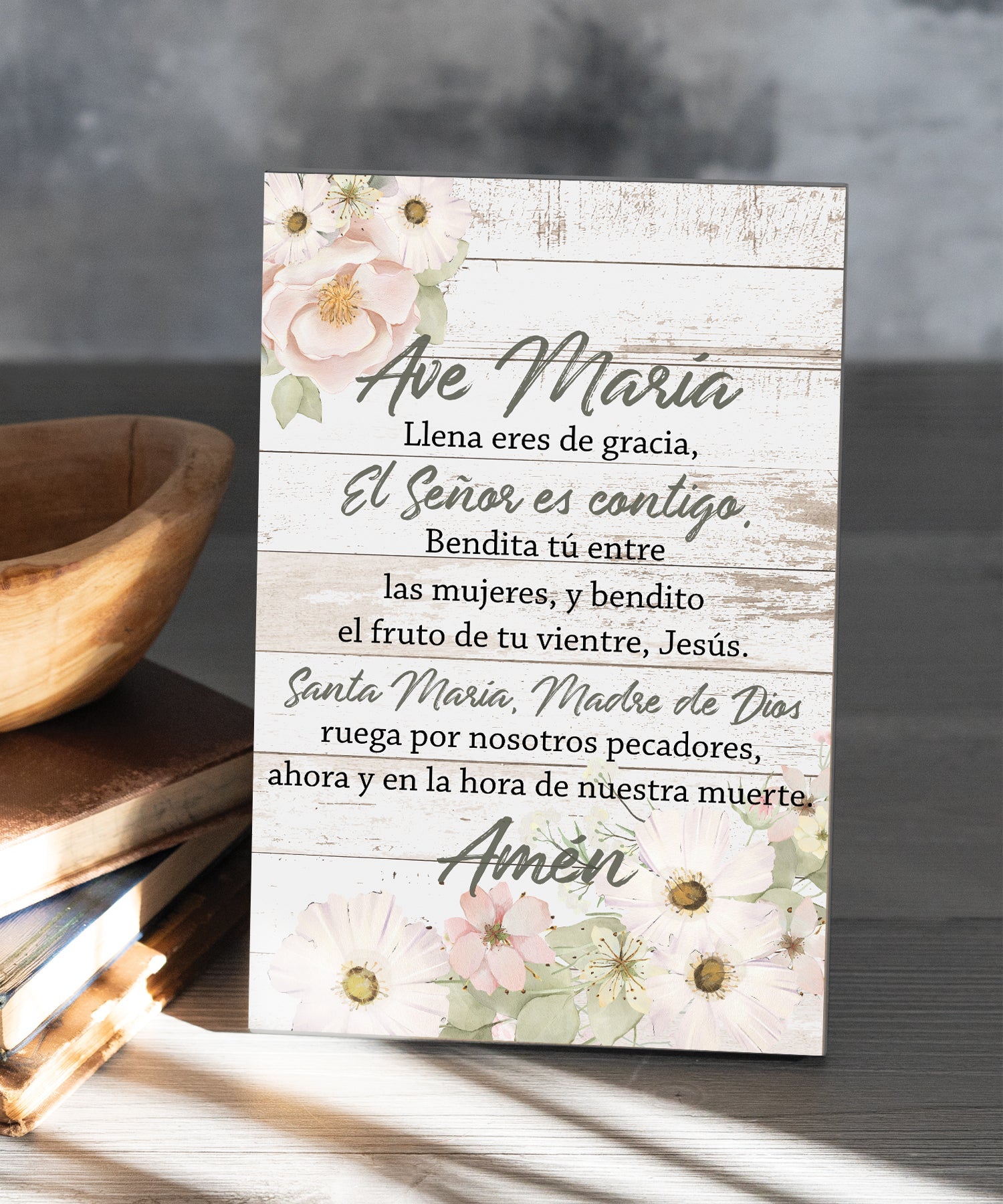 Hail Mary Spanish 6x9 MDF plaque with Catholic prayer and rustic wood design