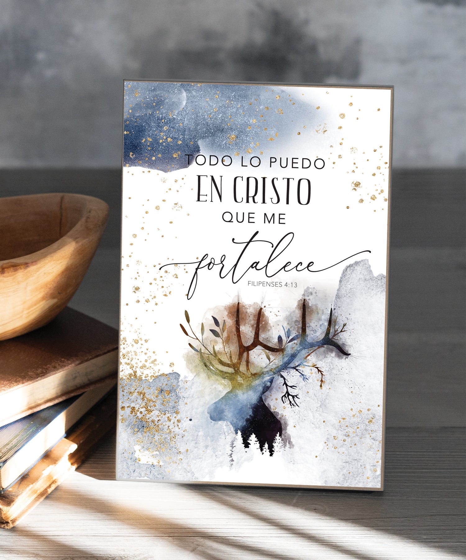 I Can Do All Things 6x9 Spanish MDF Plaque with rustic reclaimed wood look and easel back