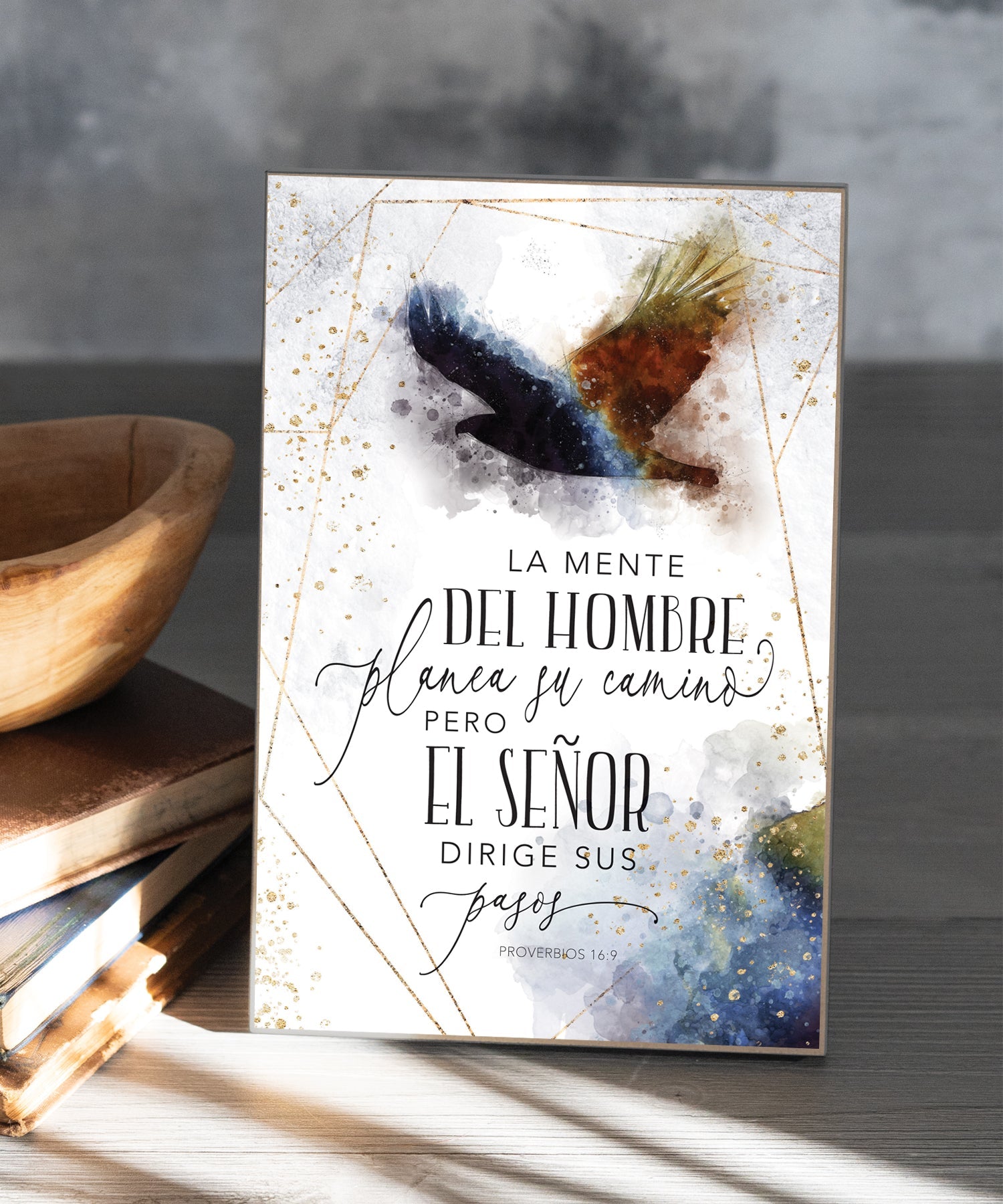 Man Plans His Way Spanish 6x9 MDF plaque with Proverbs 16:9 verse and rustic wood design