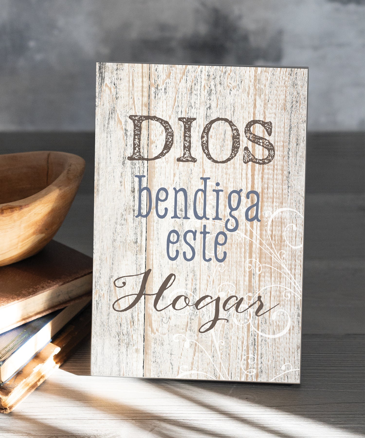 God Bless This Home 6x9 Spanish MDF Plaque with rustic reclaimed wood look and easel back