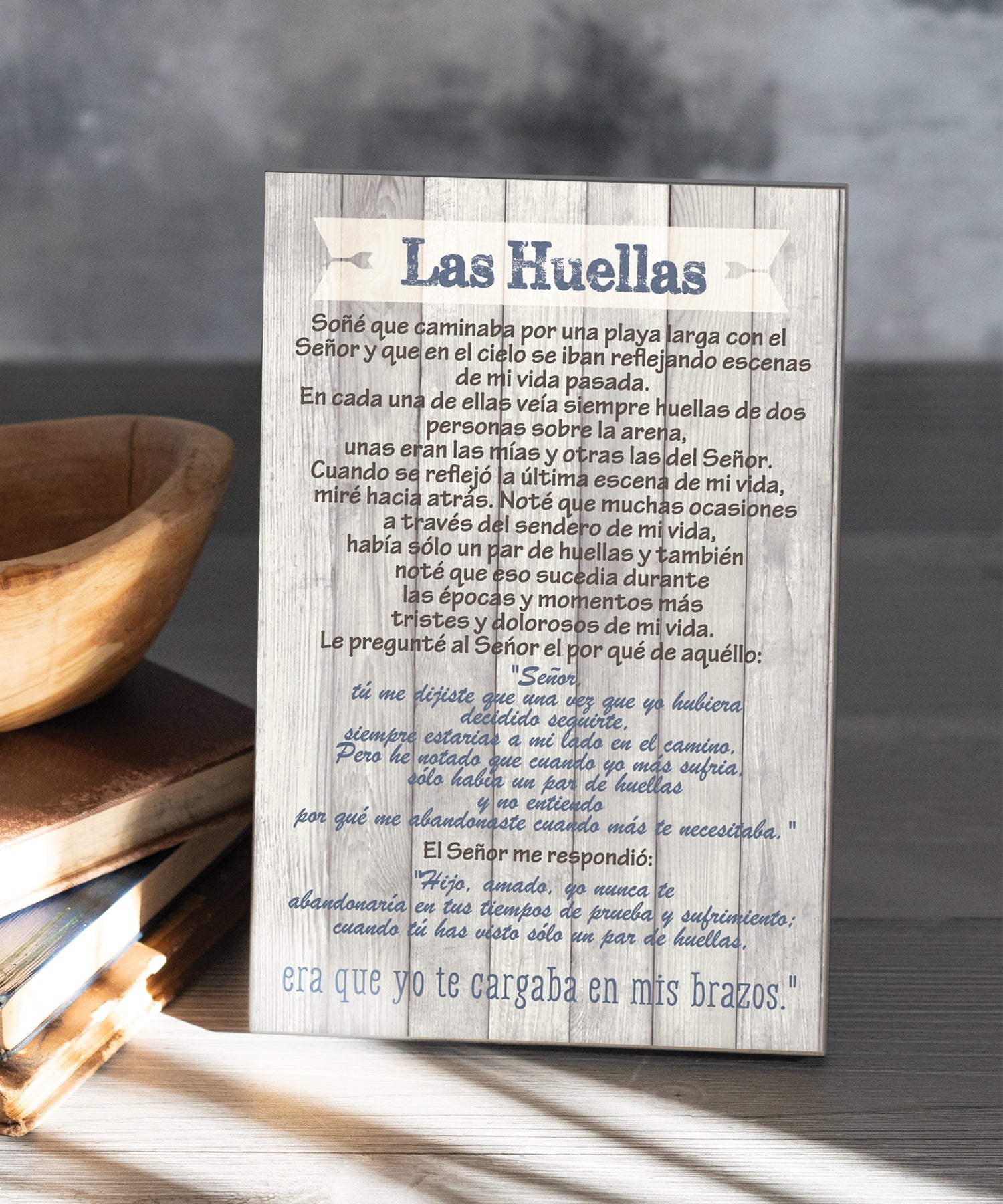The Footprints 6x9 Spanish MDF Plaque with rustic reclaimed wood look and easel back