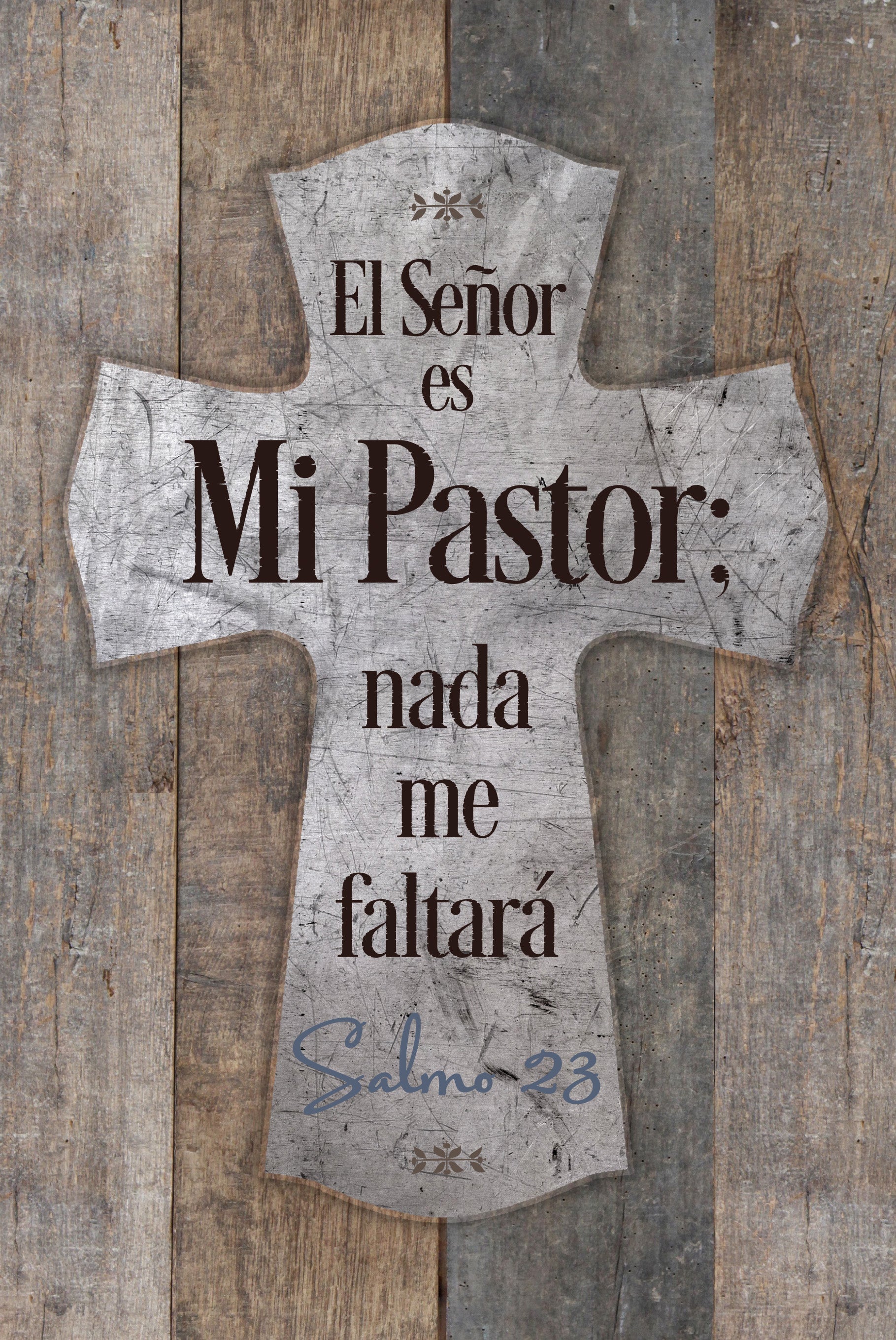 The Lord Is My Shepherd 6x9 Spanish MDF Plaque with rustic reclaimed wood look and easel back