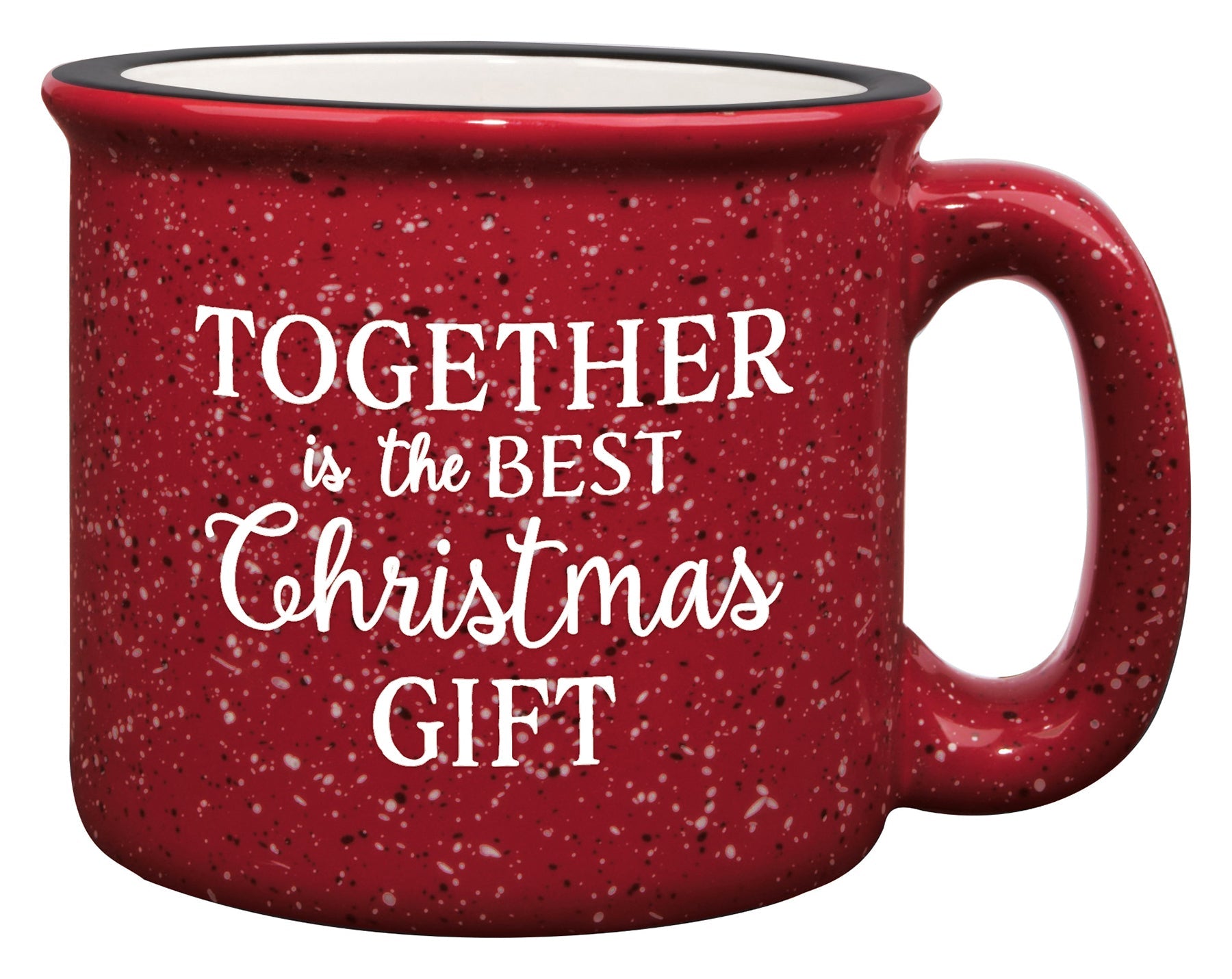 Ceramic Christmas camping mug with a design resembling a classic tin cup featuring the message Together Is the Best.