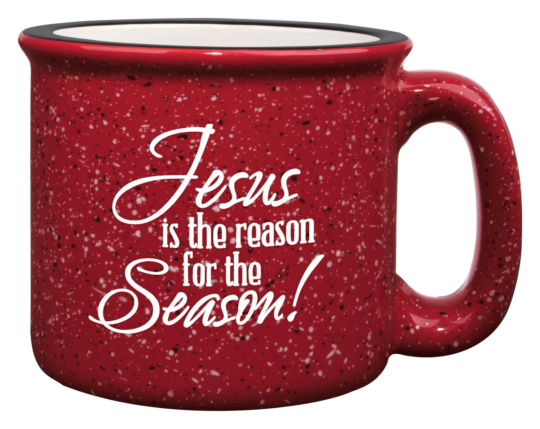 Ceramic Christmas camping mug with a design resembling a classic tin cup featuring the message Jesus Is the Reason.