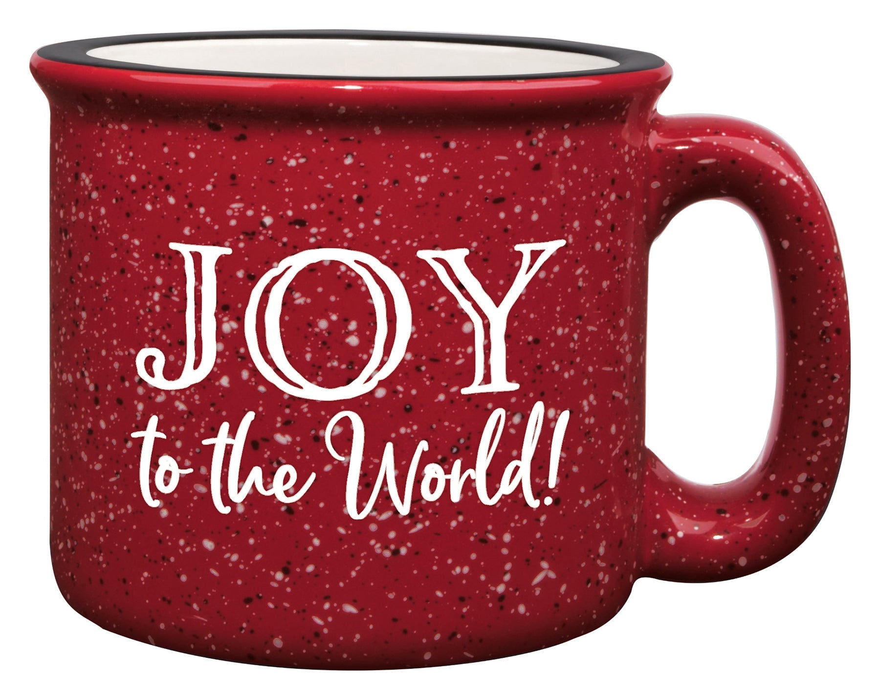 Ceramic Christmas camping mug with a design resembling a classic tin cup featuring the message Joy to the World.
