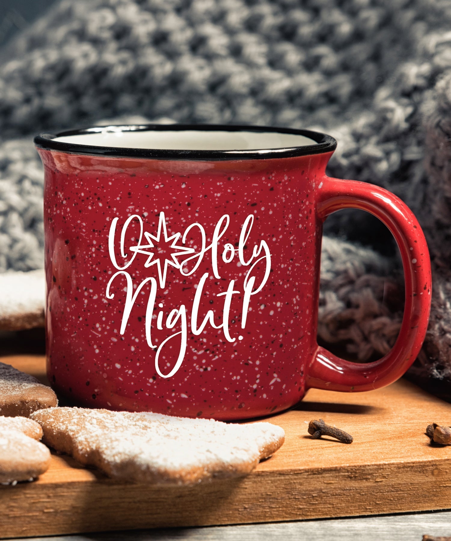 Ceramic Christmas camping mug with a design resembling a classic tin cup featuring the message O Holy Night.