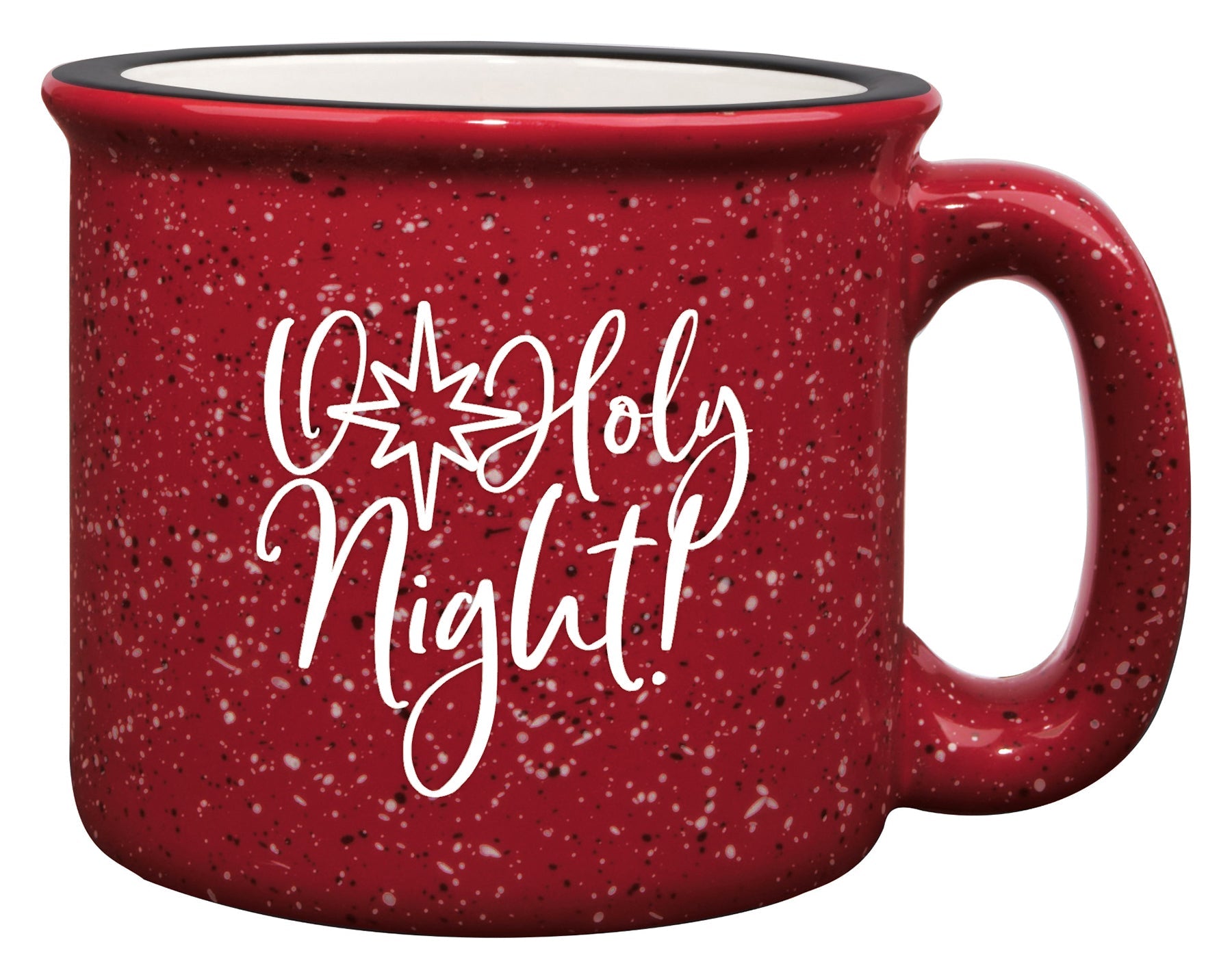 Ceramic Christmas camping mug with a design resembling a classic tin cup featuring the message O Holy Night.