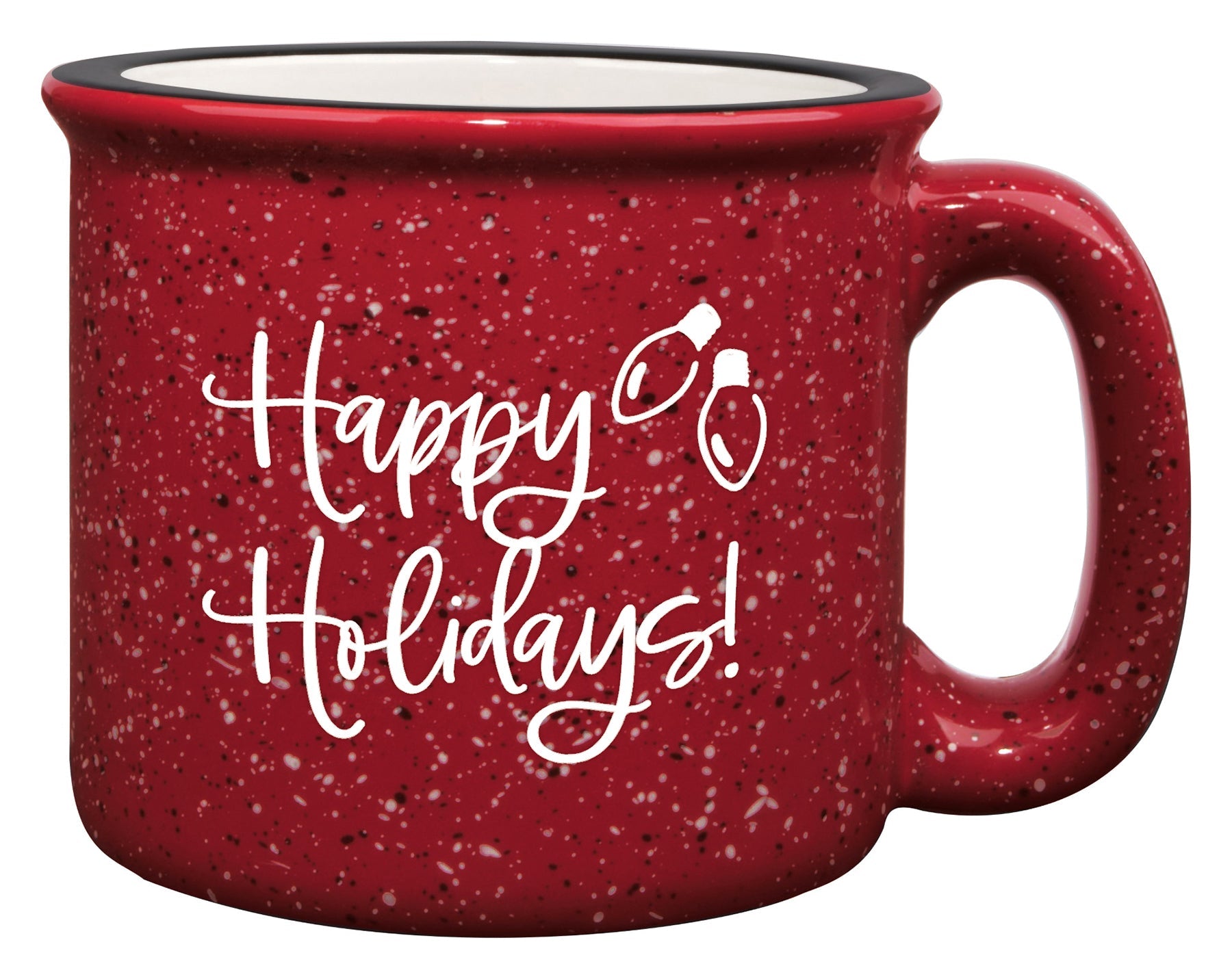 Ceramic Christmas camping mug with a design resembling a classic tin cup featuring the message Happy Holidays.