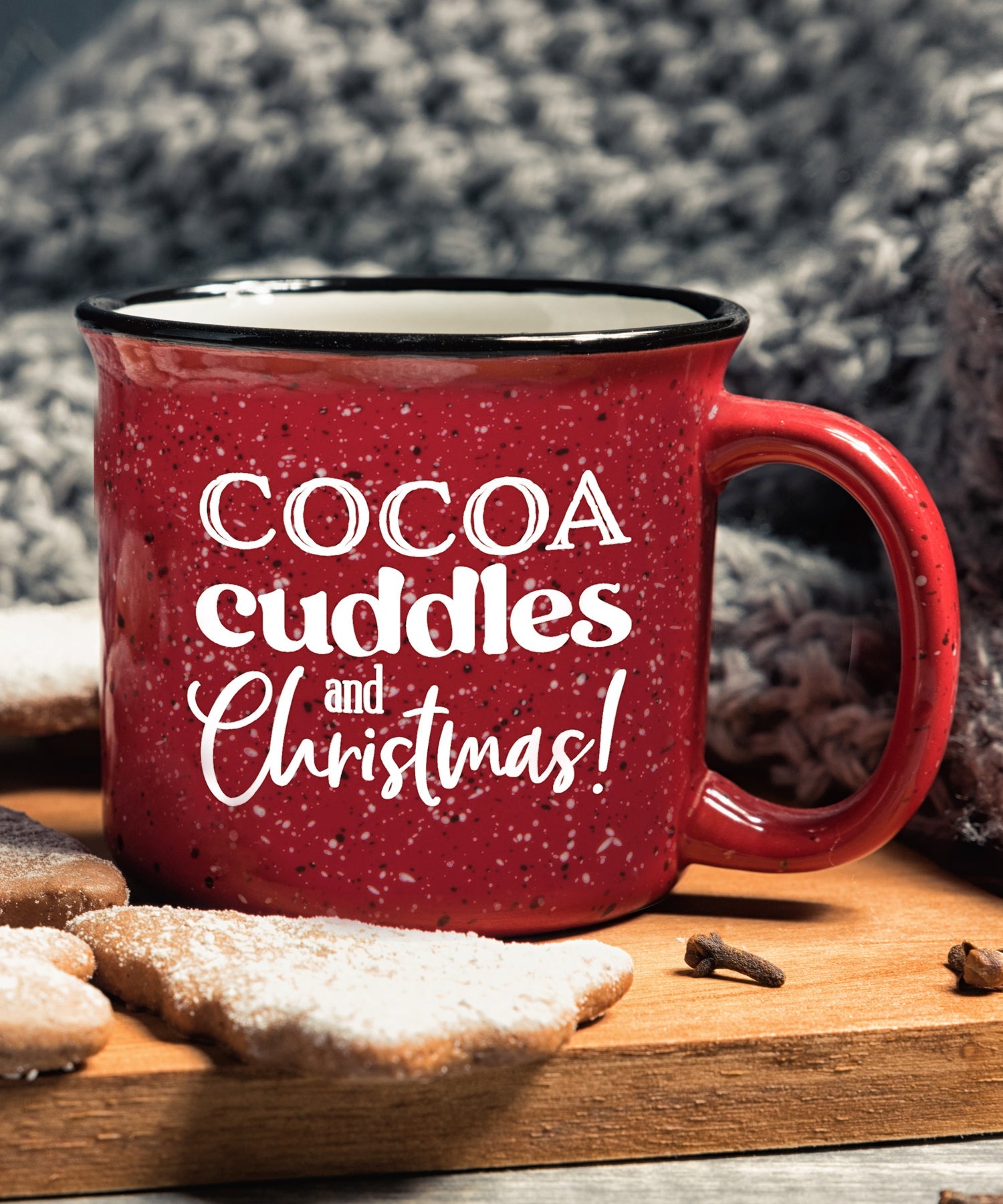 Ceramic Christmas camping mug with a design resembling a classic tin cup featuring the message Cocoa Cuddles.