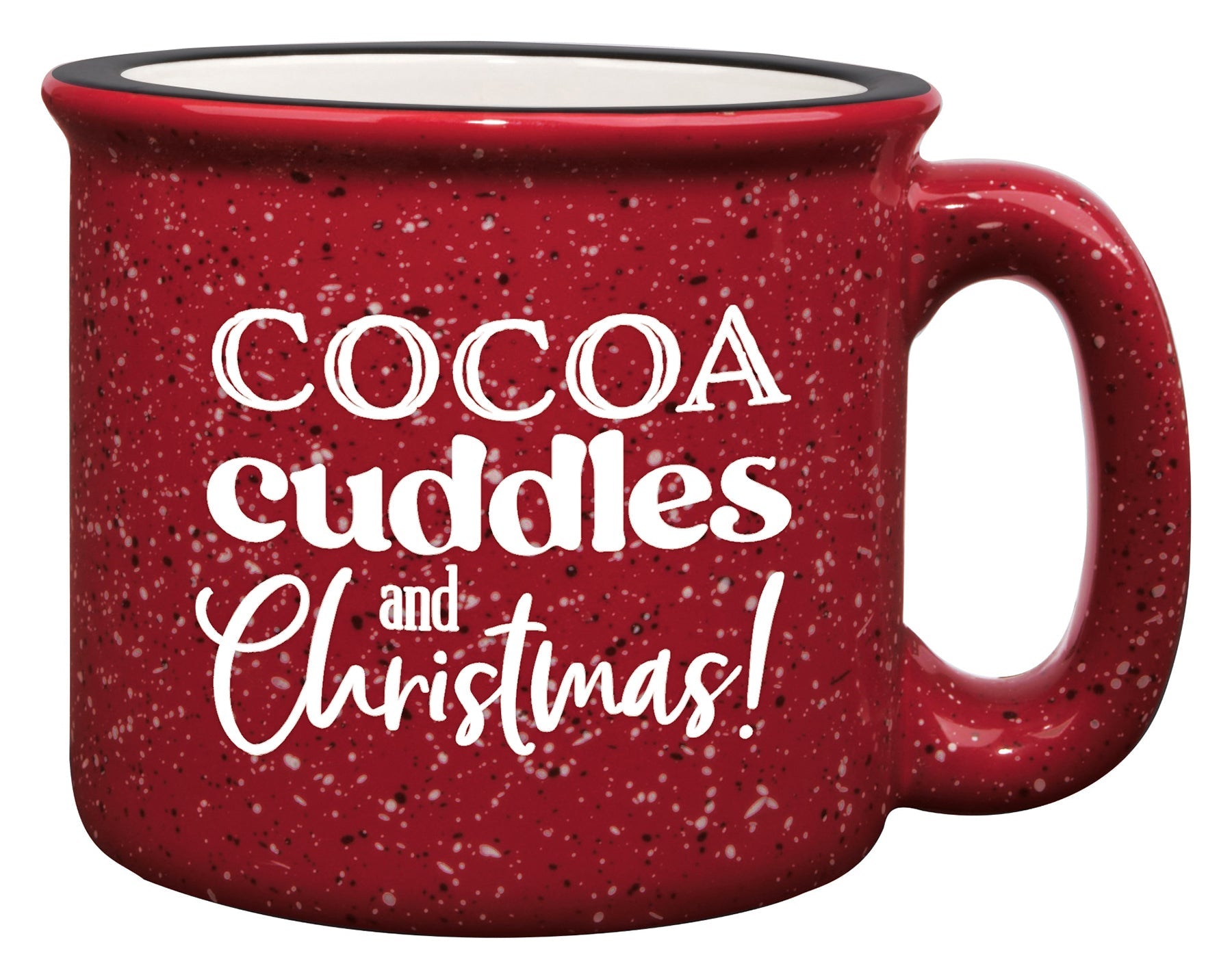 Ceramic Christmas camping mug with a design resembling a classic tin cup featuring the message Cocoa Cuddles.
