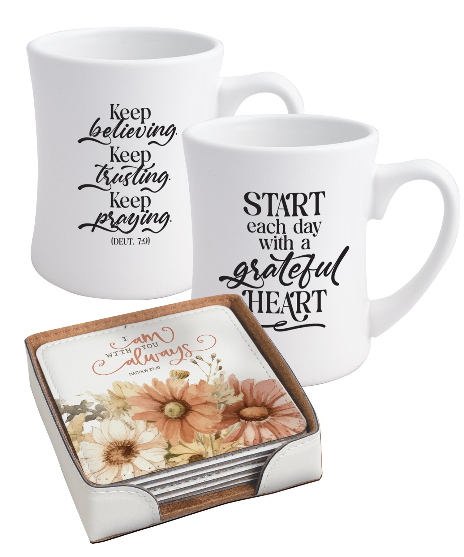 Gratitude-inspired mugs with coordinating coaster set, designed to celebrate thankfulness and faith-filled living.