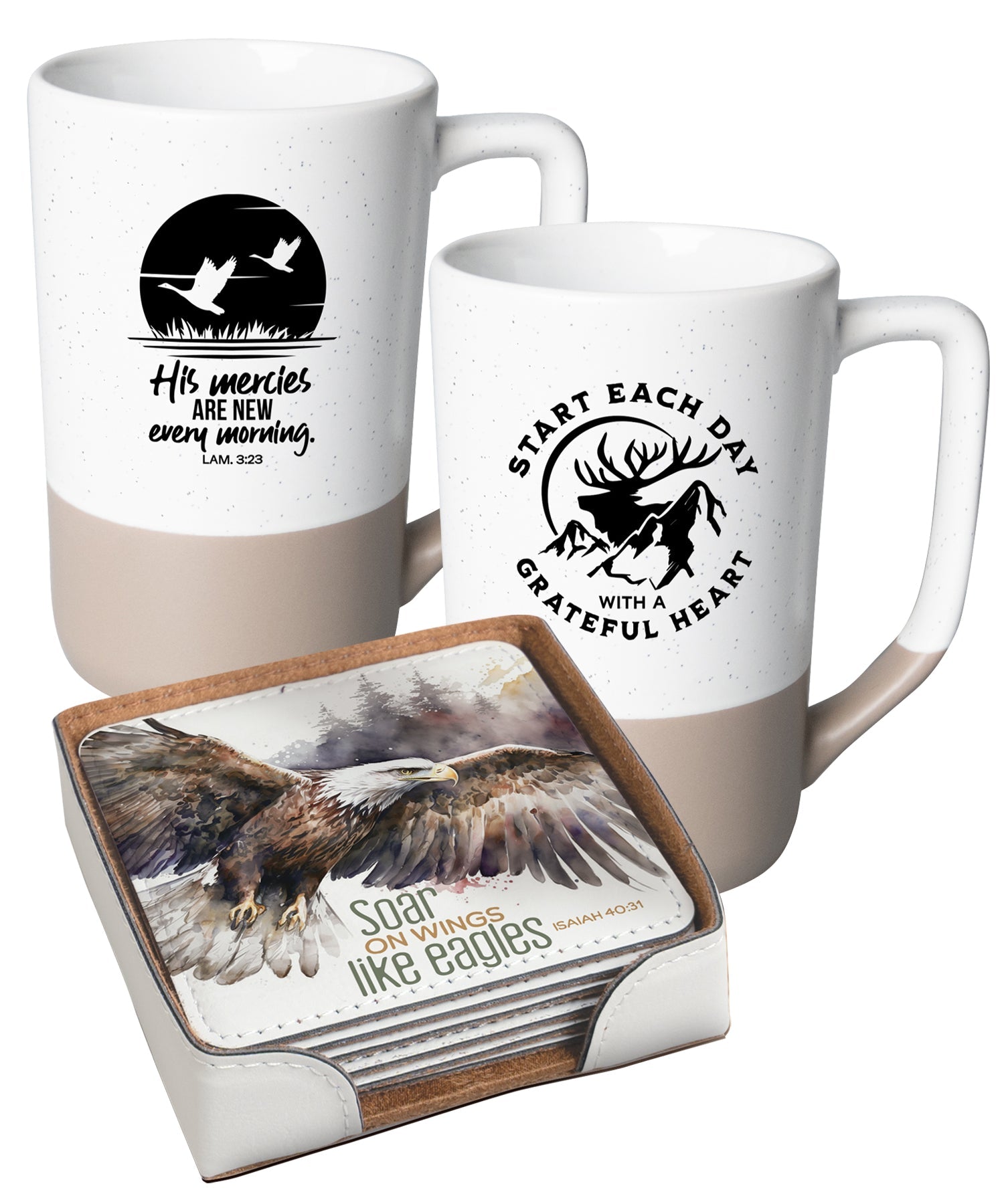 Nature-inspired cribbage board paired with two coordinating mugs for relaxing, faith-filled moments.