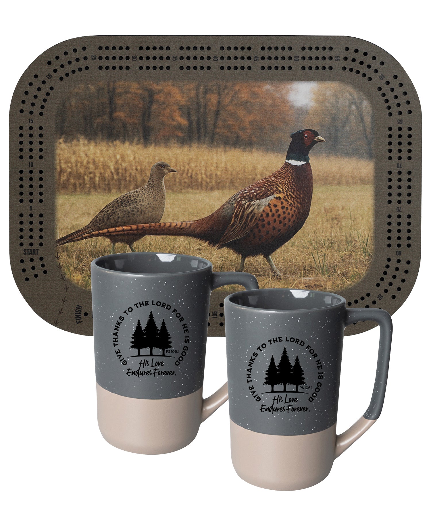 Rustic cribbage board with two coordinating mugs inspired by outdoor and woodland living.