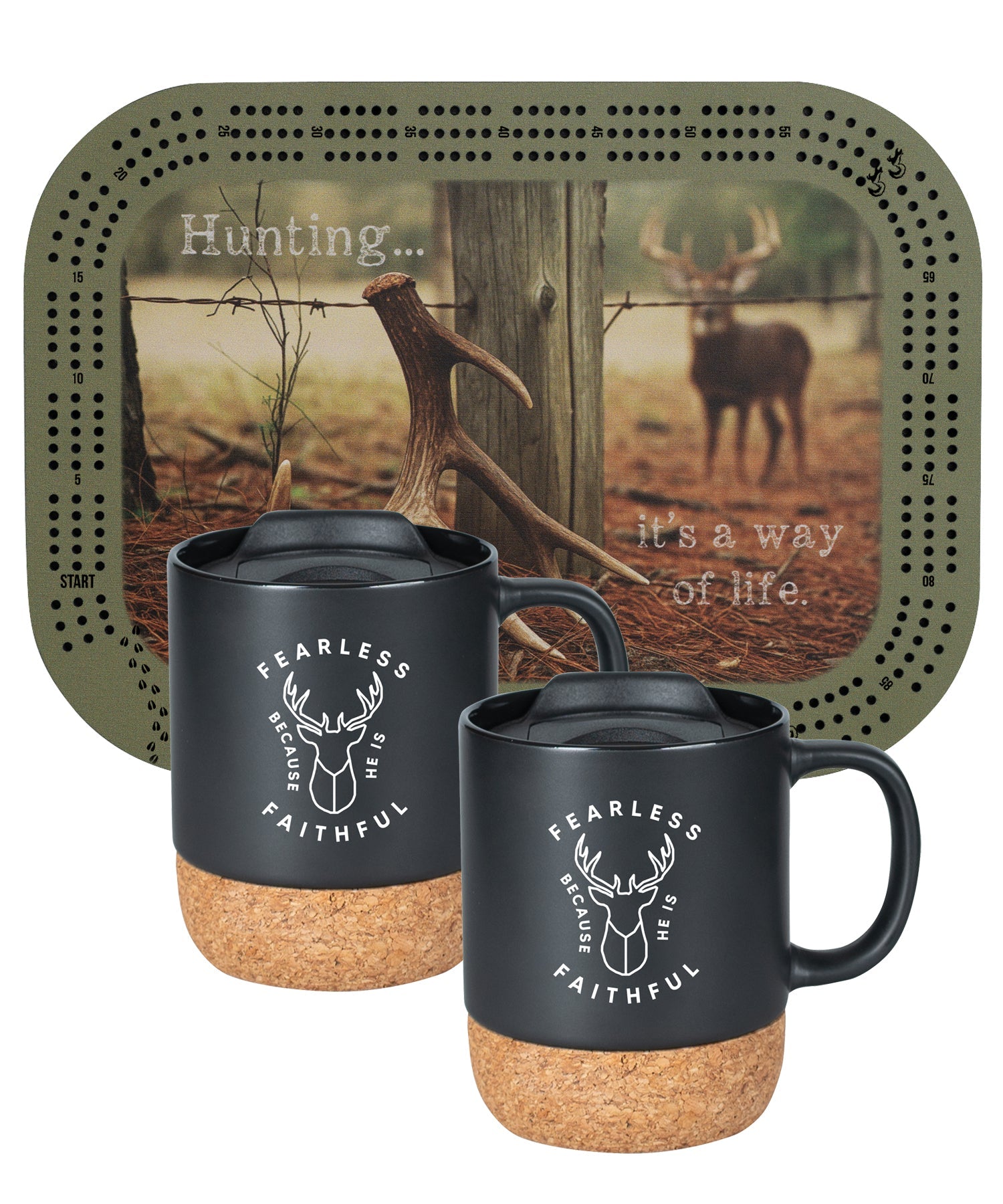 Lodge-style cribbage board paired with two mugs, perfect for cozy cabin-inspired gatherings.