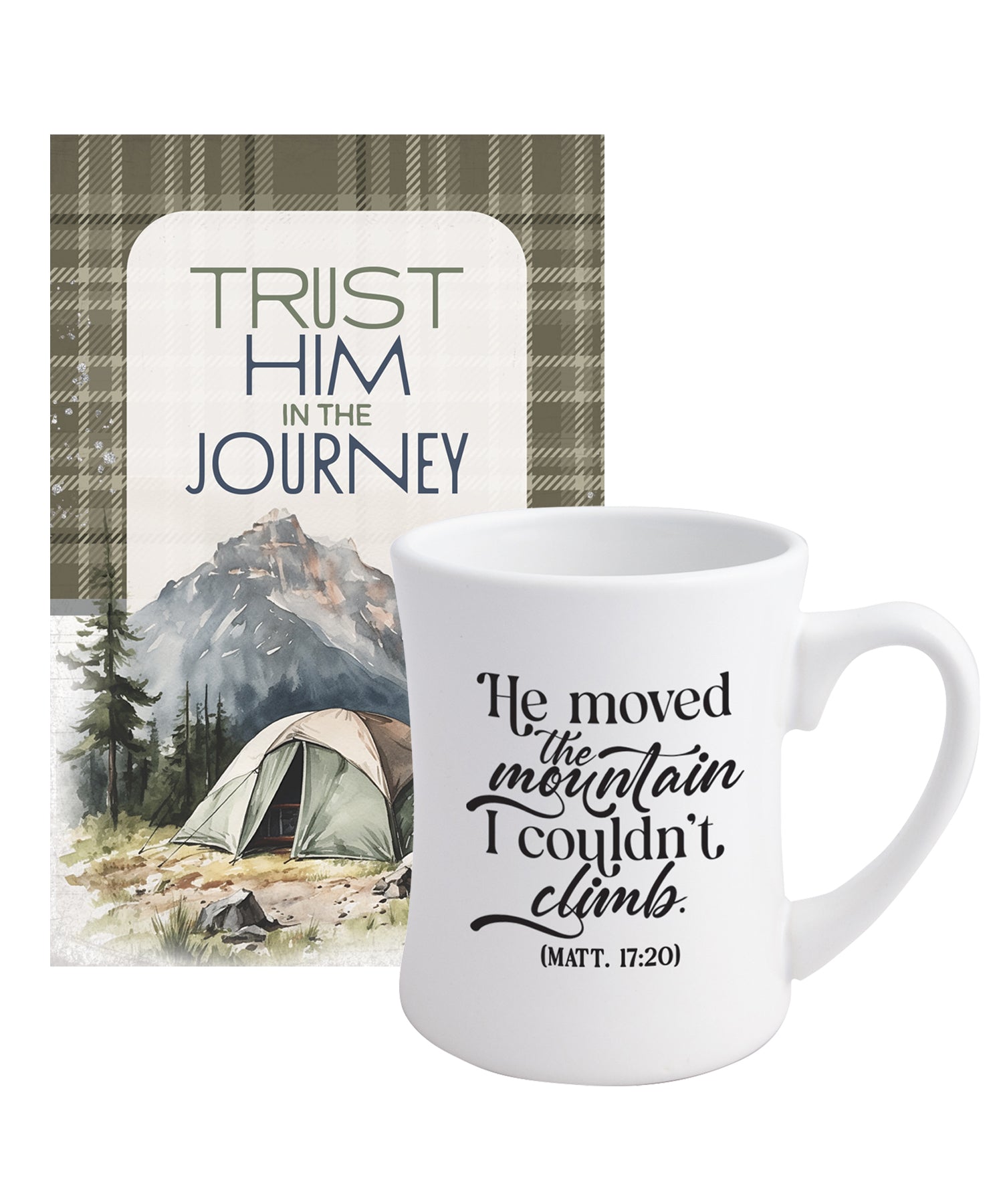 Faith-inspired mug, framed print, and visor clip creating a meaningful gift set rooted in strength and encouragement.