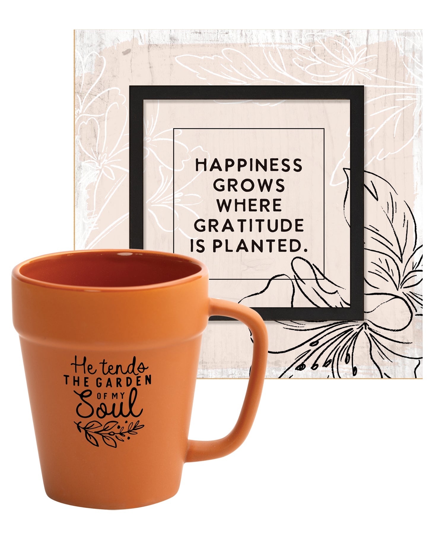 Garden-inspired mug and layered 6x6 plaque featuring uplifting messages, perfect for thoughtful and encouraging gifts.
