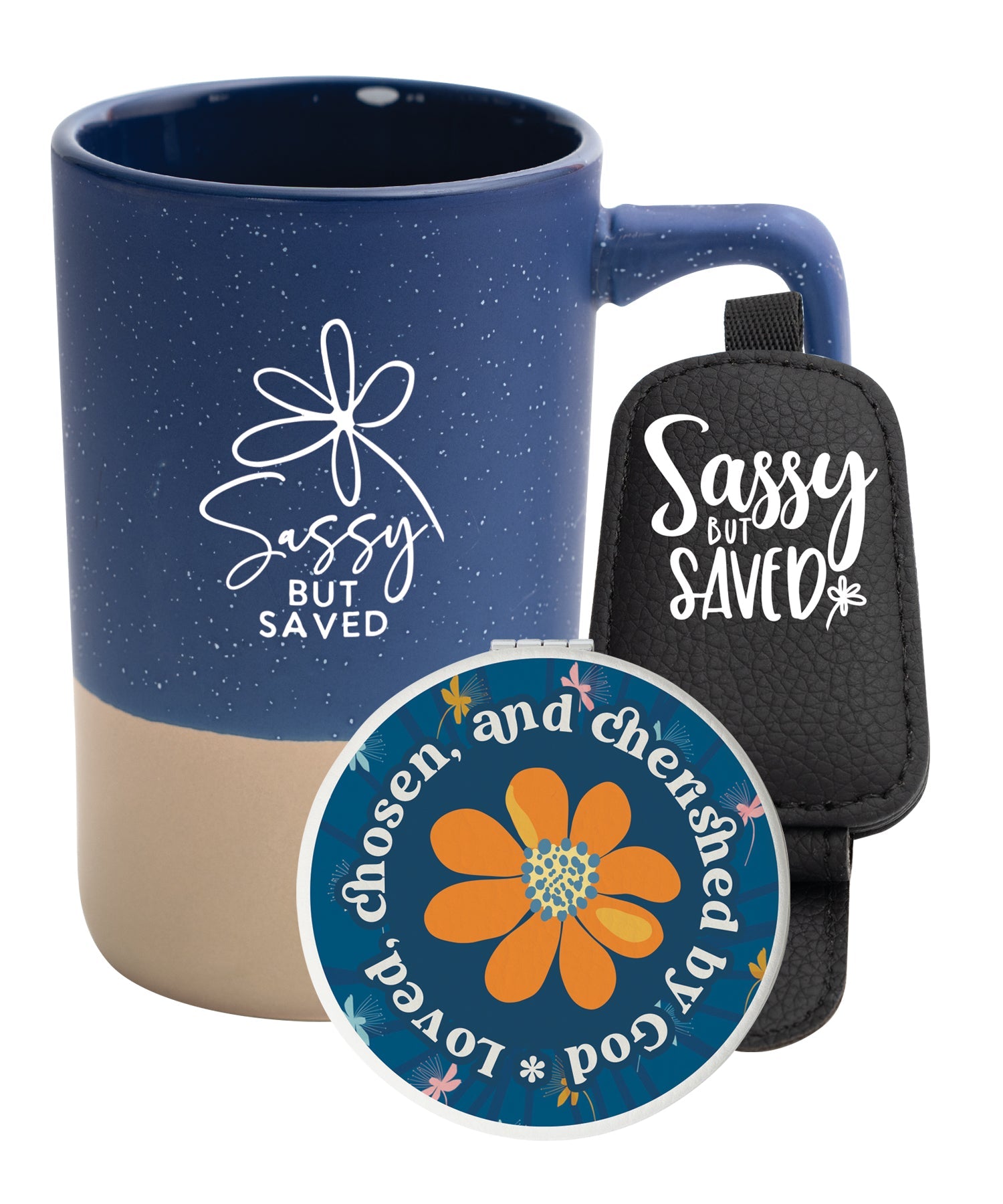 Christian jewelry case and compact mirror gift set with playful faith-based style and encouragement.