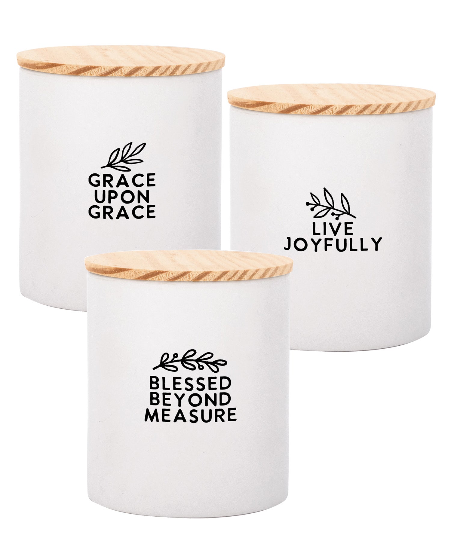 Set of three Christian canisters featuring uplifting messages, perfect for faith-inspired kitchen décor.