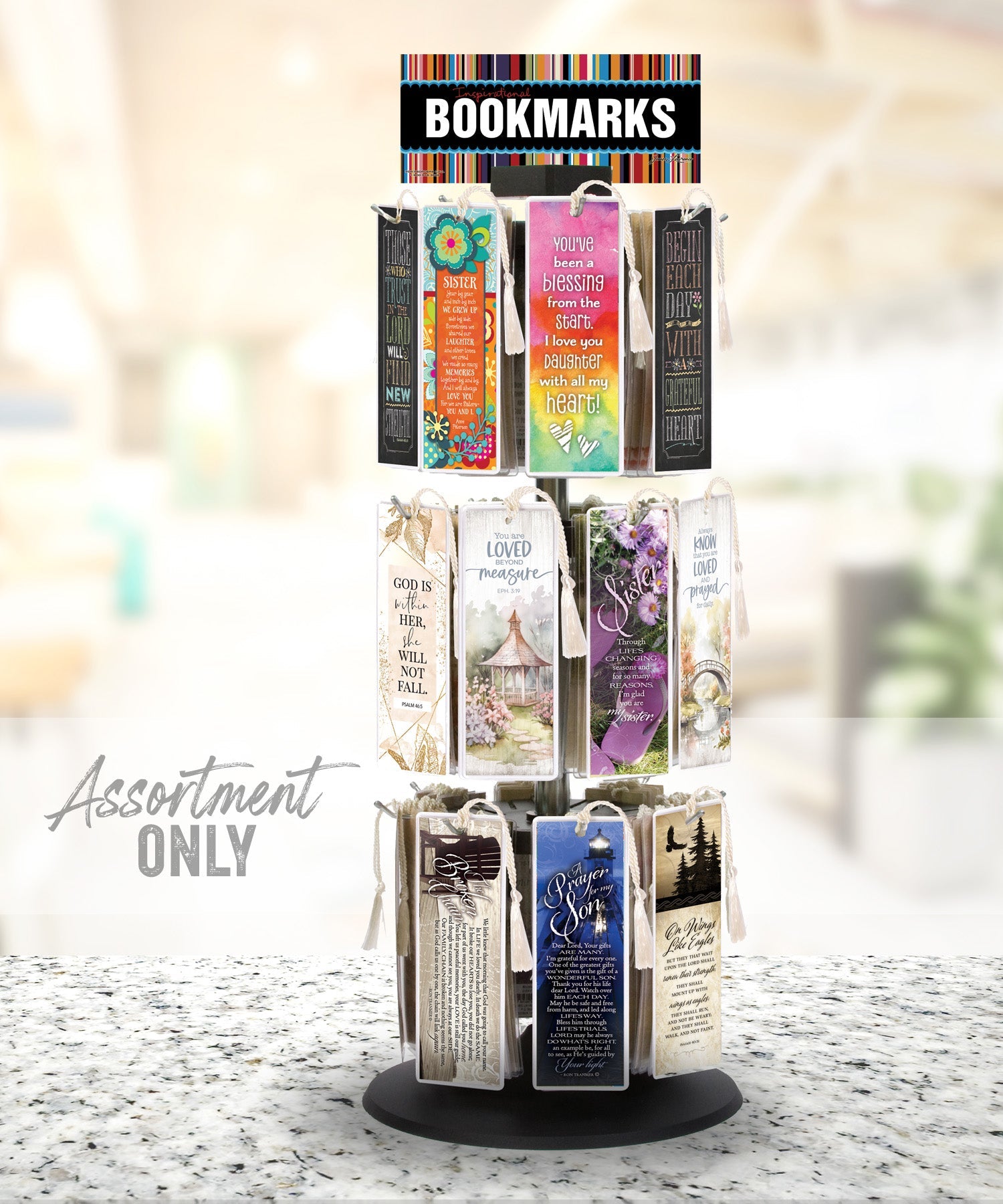 Inspirational bookmark assortment with full-color designs, vinyl sleeves, and decorative tassels
