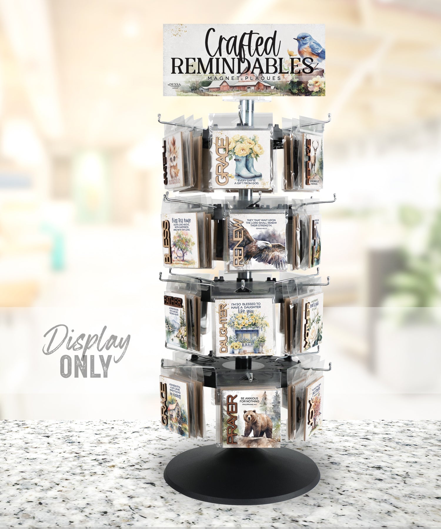 Four-tier rotating display with metal hooks, metal rod, and sturdy plastic base, designed to hold Dexsa magnet-plaques in a compact, stylish way.