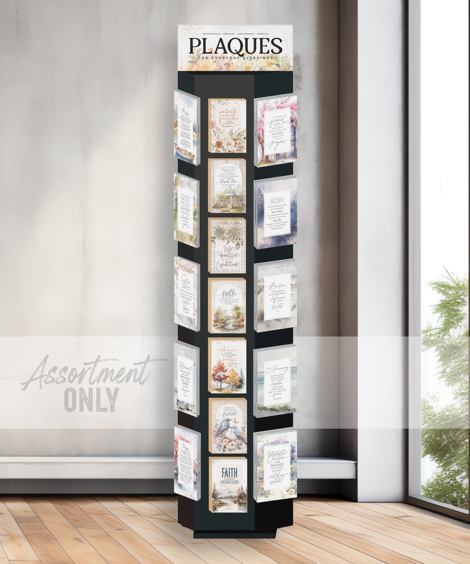 Mixed MDF plaque assortment with 4x6 and 6x9 inspirational designs for floor display