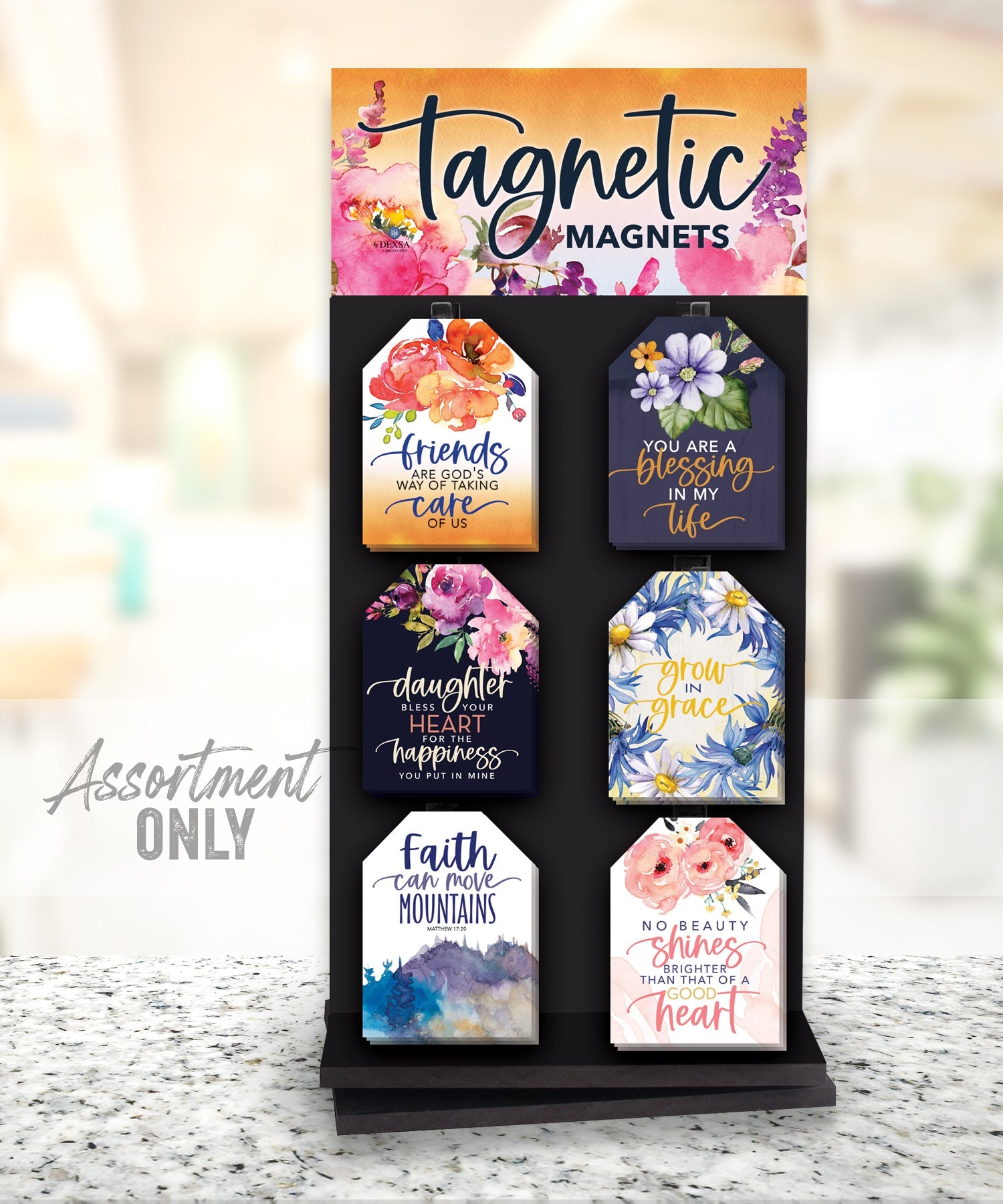 Tagnetic magnets with colorful artwork and uplifting messages in a unique tag shape
